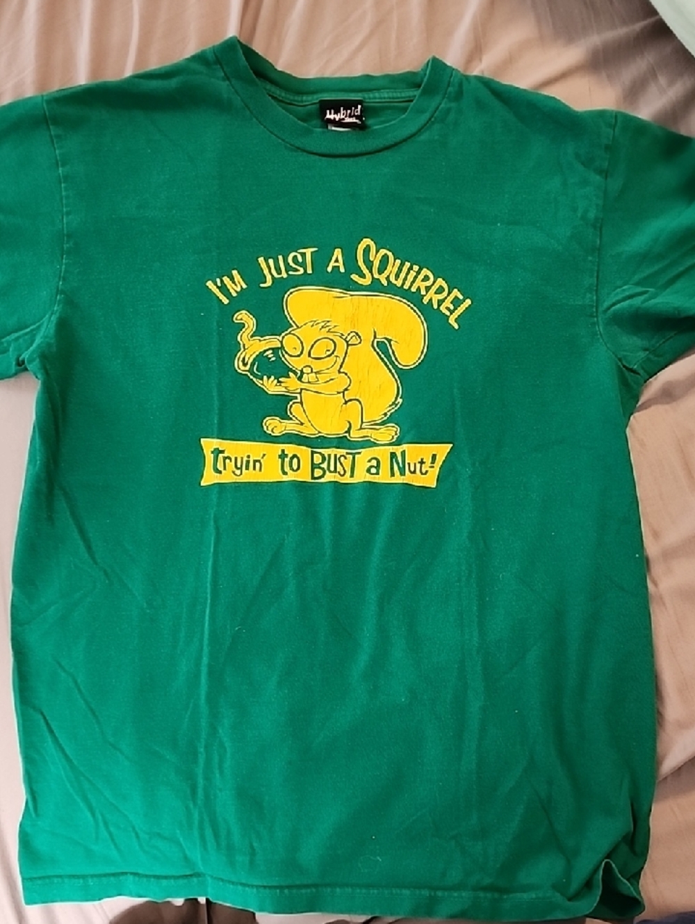 Green Graphic T Shirt with Yellow Squirrel Print BUST A NUT